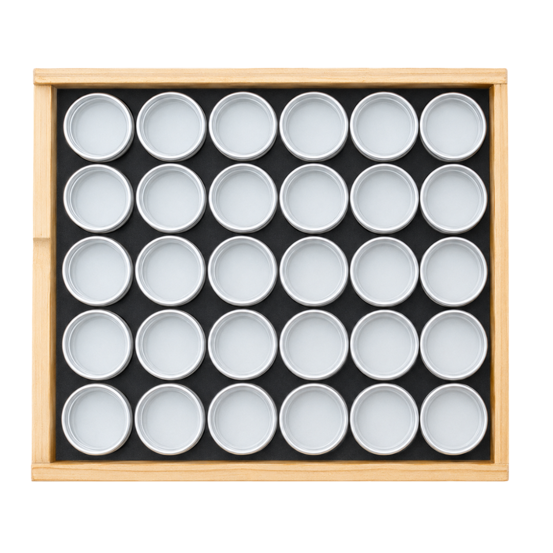30-Piece Aluminum Gem Jar Display Case Set, 1-5/16 Inch Round Containers with Clear Lids and Wooden Storage Tray for Beads, Stones, Jewelry Parts and Small Items