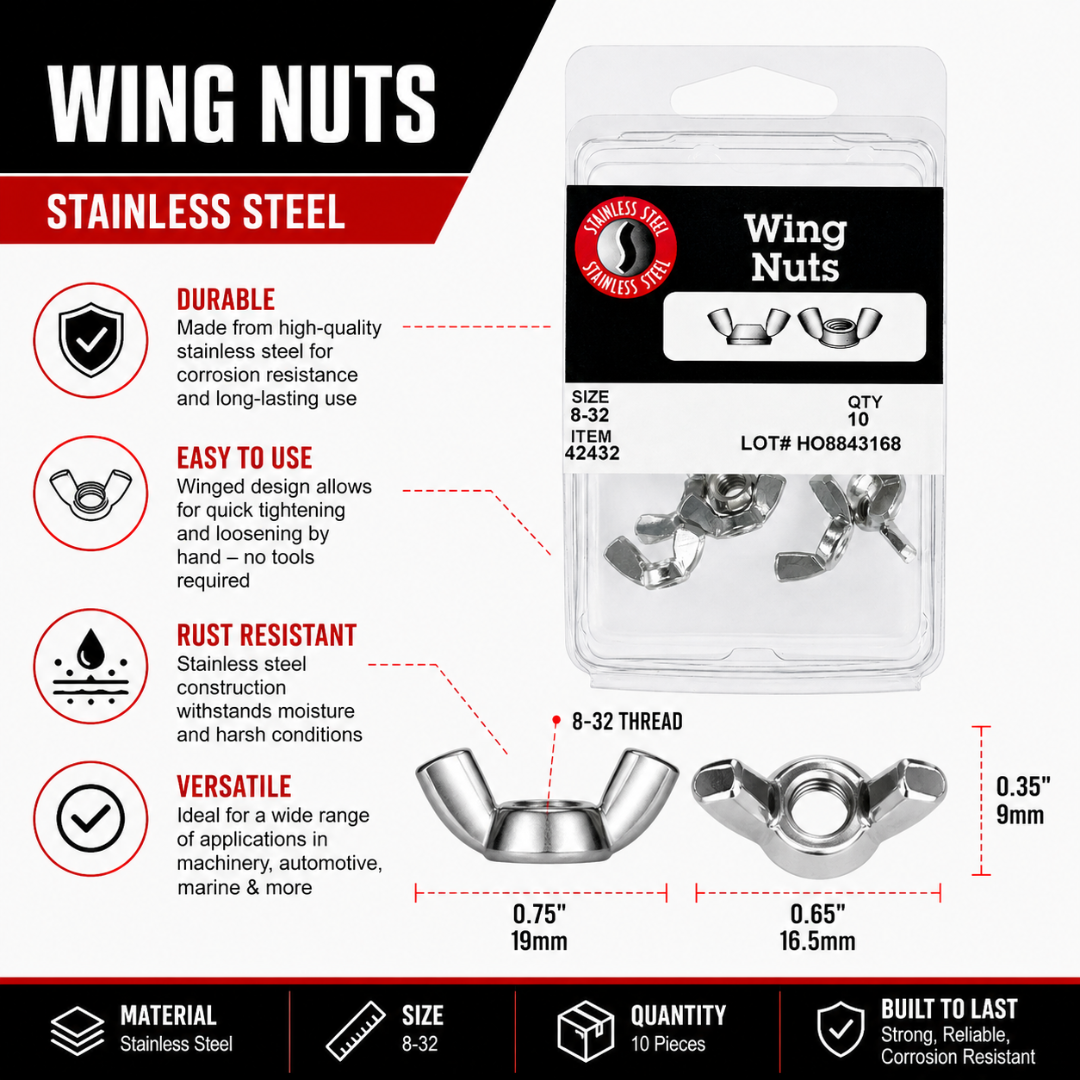 2 Pc. 8-32 Stainless Steel Wing Nuts, 10-Pack – Corrosion Resistant Butterfly Wing Nuts for Hand Tightening – Easy Grip Fasteners for Machinery, Automotive, Marine, DIY & Home Repairs
