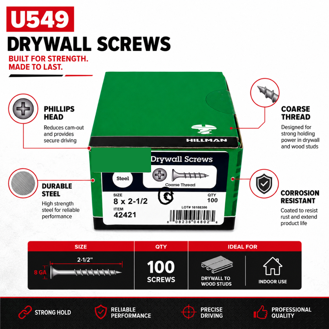 Drywall Screws #8 x 2-1/2", Coarse Thread, Phillips Bugle Head, Steel Construction, Black Finish, 100 Count, Heavy-Duty Fasteners for Drywall to Wood Studs