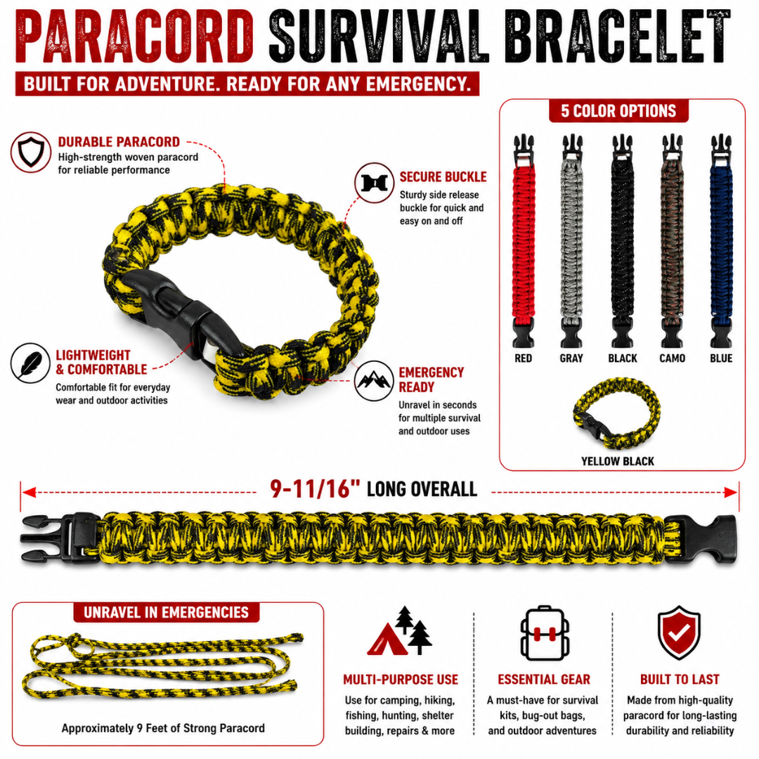 6 Pc. Adjustable Paracord Survival Bracelet with Side Release Buckle – Emergency Survival Gear for Camping, Hiking, Fishing, Hunting & Outdoor Activities
