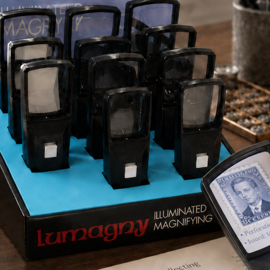 LUMAGNY 12 Piece Rectangular Illuminated Magnifier Display, 2X Lighted Magnifying Glass Assortment, Countertop Display with 4 Lens Sizes for Reading, Small Print, Collectibles, Hobbies, Jewelry & Inspection