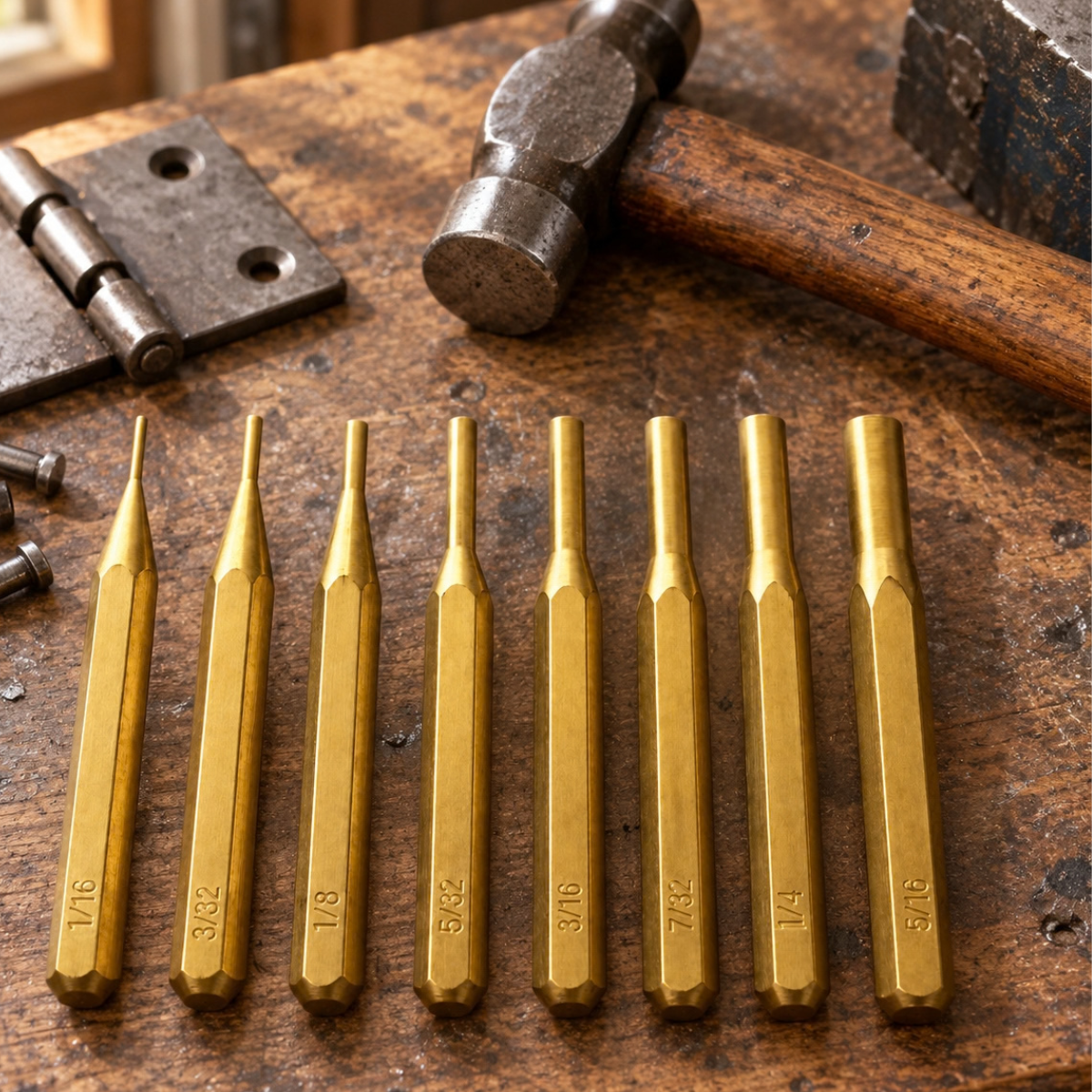 8 Piece Brass Drive Pin Punch Set – 1/16" to 5/16" Brass Pin Punches with Roll-Up Storage Pouch – TJ01-22100