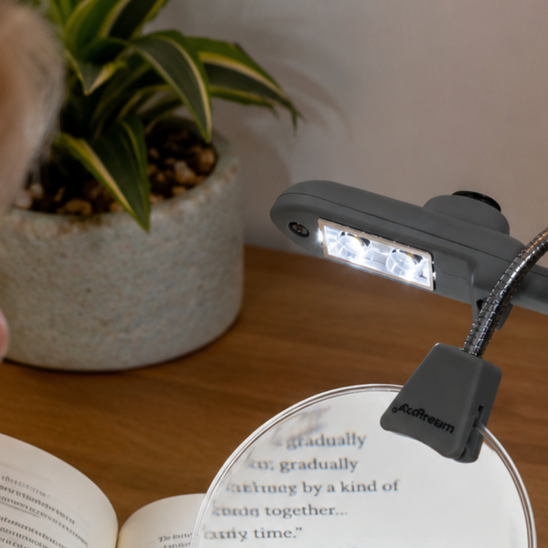 Compact 2.5-Inch Clip-On LED Magnifier Lamp, 2X Hands-Free Reading Magnifying Glass with Dual Gooseneck Lights, Book & Clipboard Clip Magnifier, Portable Travel Reading Light