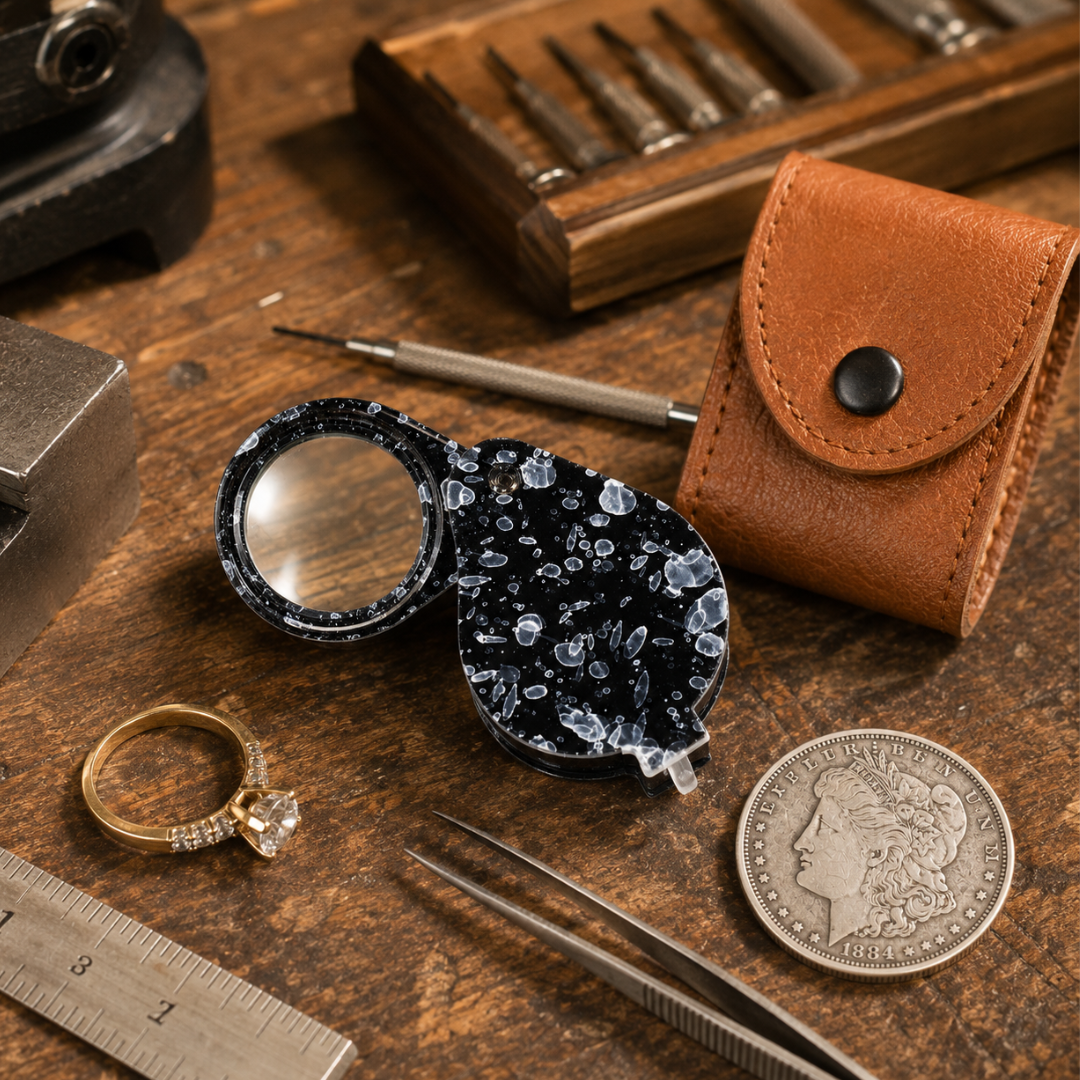 10X Jeweler’s Loupe Magnifier, 18mm Lens, Brass Pocket Folding Magnifying Glass with Leather Pouch, Assorted Marbled Colors