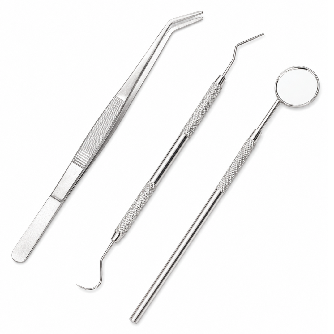 3-Piece Precision Stainless Steel Tool Set with Inspection Mirror, Double-Ended Pick and Curved Tweezers, Textured Handles and Vinyl Case, 6-1/2 Inch