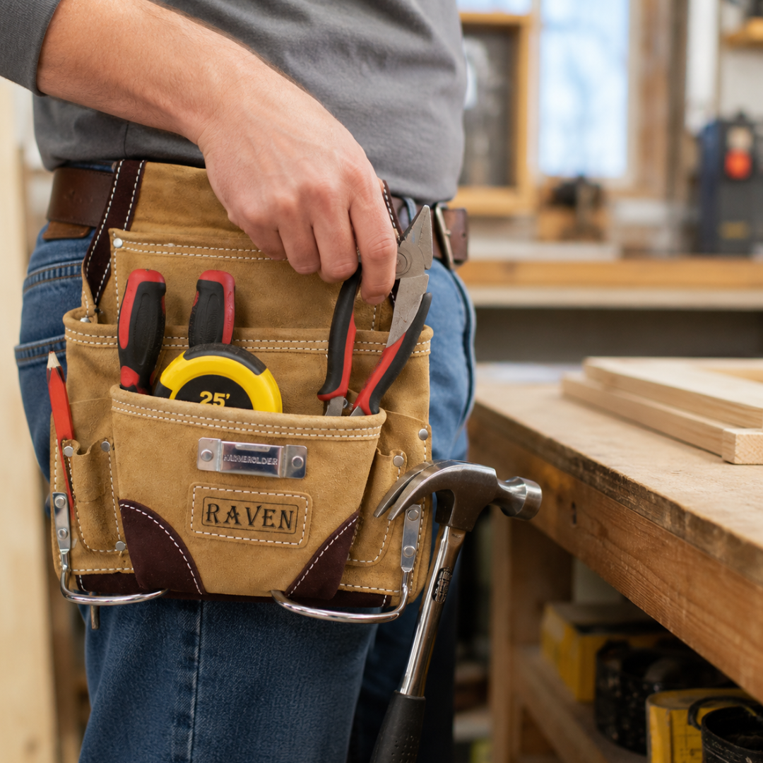 13 x 9.5 Inch Brown Split Leather Tool Pouch with 9 Pockets, Heavy Duty Tool Belt Pouch with 2 Metal Hammer Holders, Riveted Belt Loop, Construction Carpenter Roofer Mechanic Utility Pouch