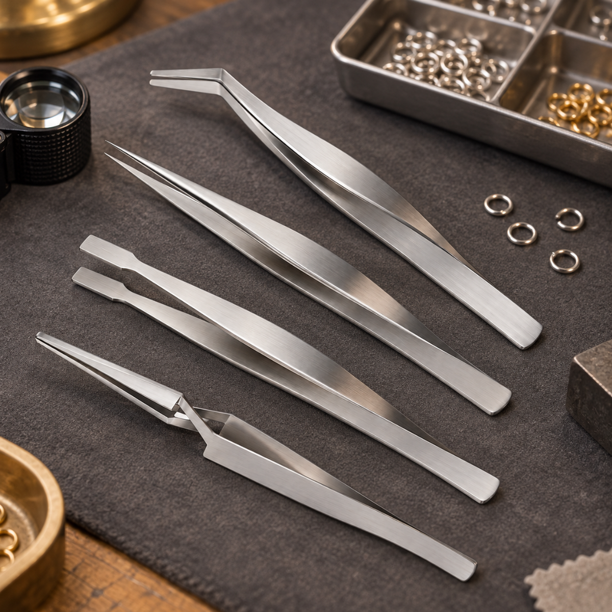 4 Piece Precision Tweezers Set with Cross Lock, Flat Tip, Fine Tip & 45° Bent Tip, All Metal Tweezers for Jewelry, Watch Repair, Crafts, Electronics & Small Parts Handling