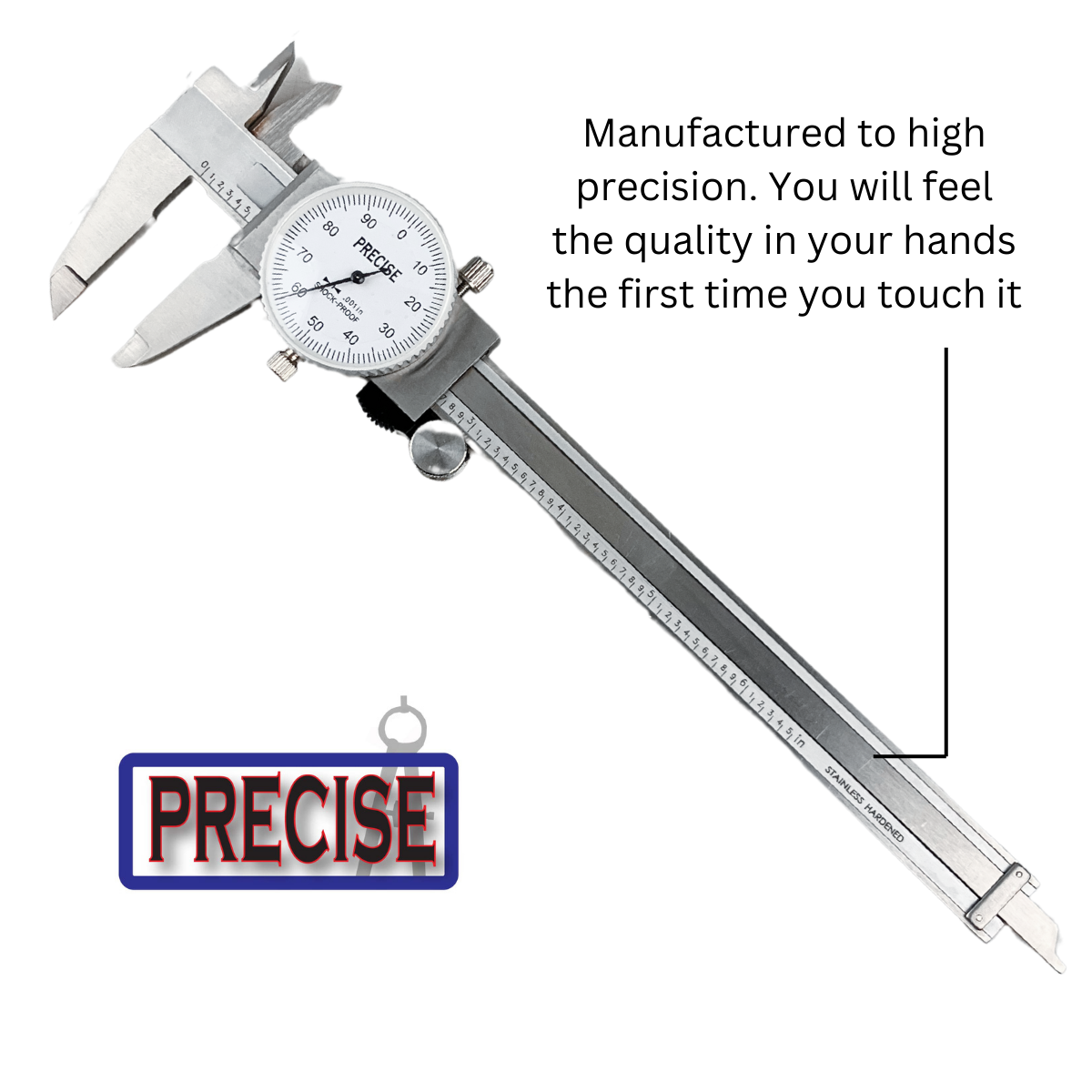 6" (15.24 cm) SAE Vernier Caliper | 0.001" Accuracy | Shockproof Dial | Stainless Steel | Satin Chrome Finish | 4-Way Measurement