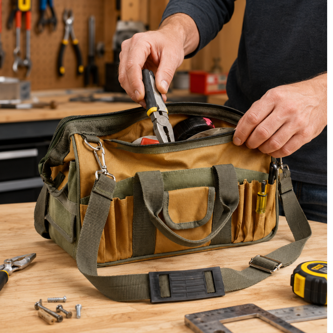 13-Inch Tool Bag with 29 Pockets, Adjustable Shoulder Strap, Reinforced Handles and Bottom Storage Compartment – NB-10199