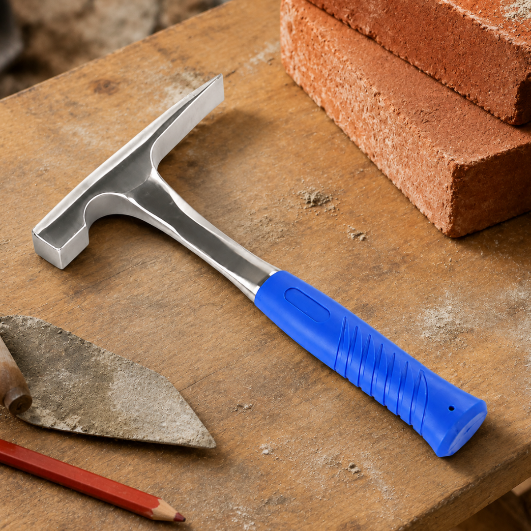 12-1/2-Inch Steel Brick Hammer with Chisel Edge – Masonry Hammer with Flat Striking Face and Rubberized Shock-Absorbing Grip – LATE-19543
