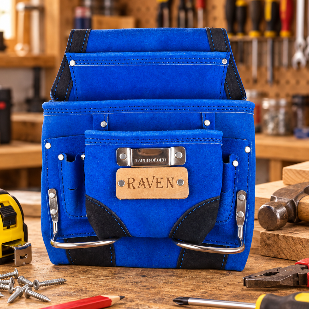 RAVEN Heavy Duty Suede Leather Tool Pouch, Multi-Pocket Carpenter Tool Holder with Dual Metal Hammer Loops, Tape Measure Holder, Reinforced Rivets & Belt Attachment, Blue