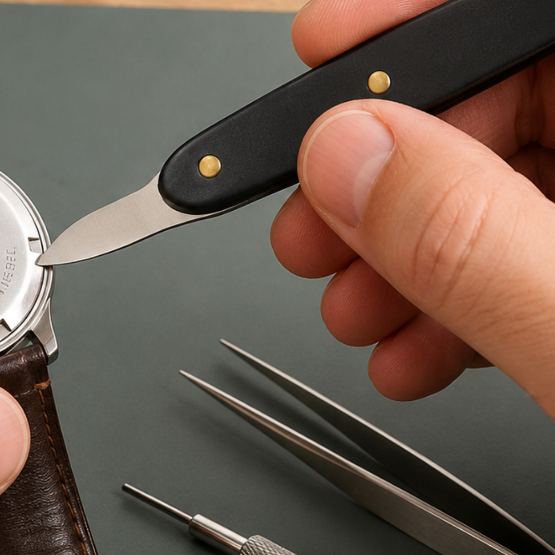 Watch Case Opener Tool with 1 Inch Beveled Edge Blade, 4.5 Inch Watch Back Removal Knife, Smooth Black Fiber Handle, Watch Repair Tool for Battery Replacement and Case Opening