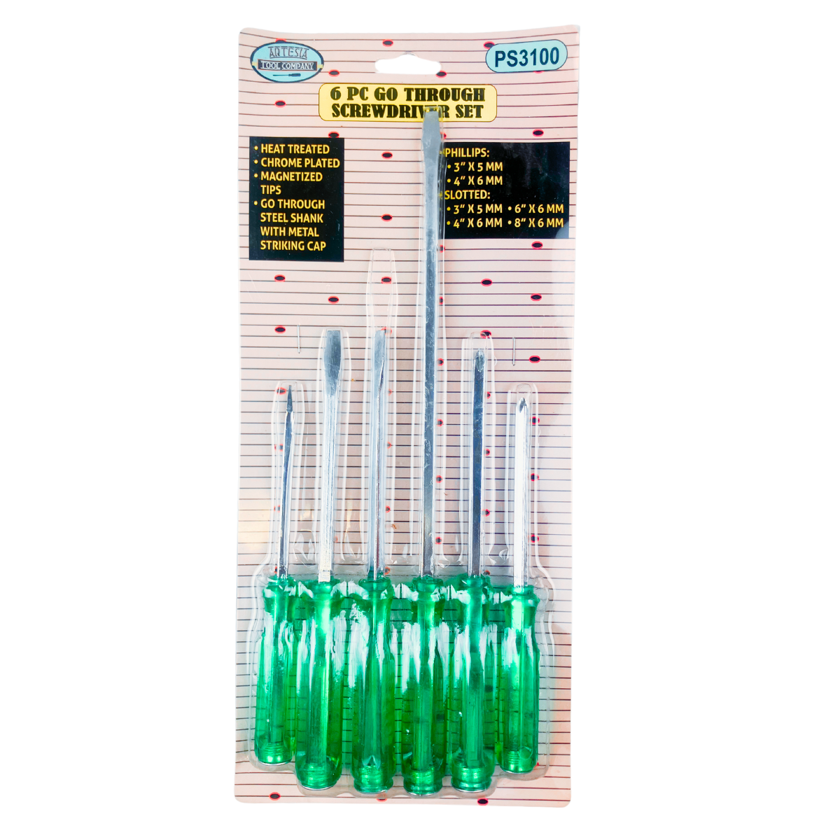 ARTESIA TOOL COMPANY: 6 Piece "Go Through" Screwdriver Set-Phillips And Slotted - PS-13100