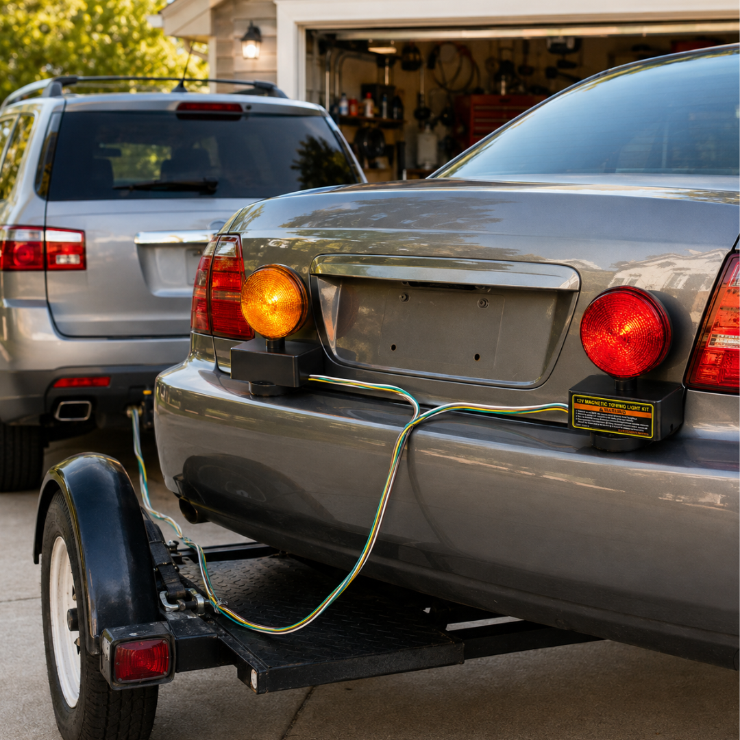Road Genie DOT-Approved Magnetic Tow Lights – Red & Amber Double-Sided Towing Warning Light Set with 20-Foot Wiring Harness and 4-Pin Connector
