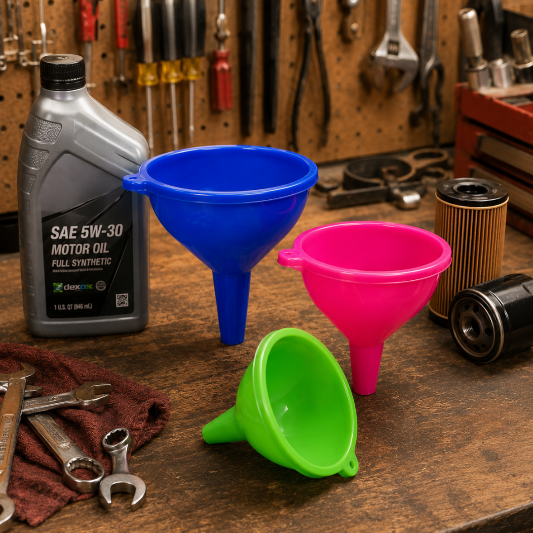 3-Piece Plastic Funnel Set – 3.5", 4.25" & 5" Wide Mouth Funnels – Durable Multi-Size Funnels for Oil, Automotive Fluids, Garage, Workshop & Household Use