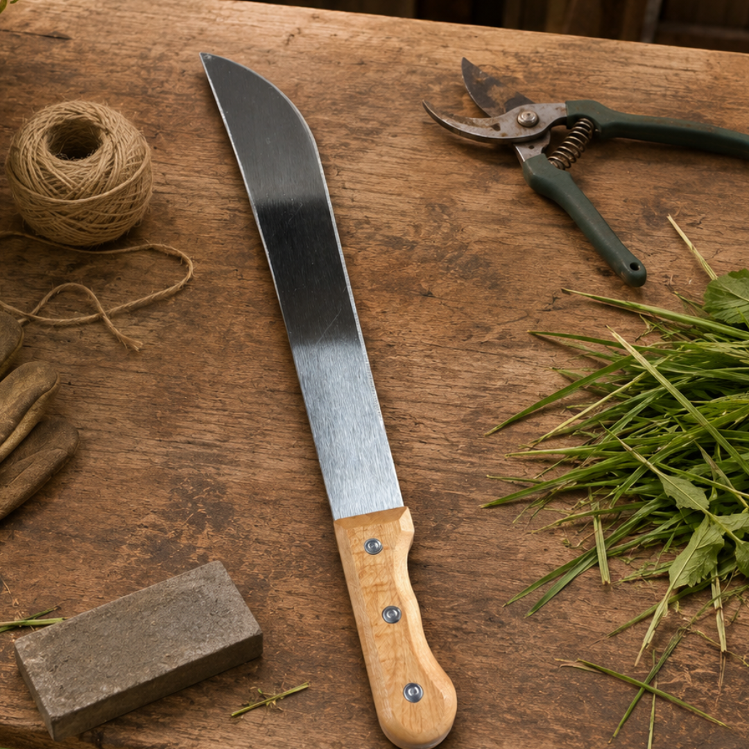 18-Inch Machete with 5-3/8-Inch Wooden Handle, Long Curved Metal Blade with 3-Rivet Construction for Cutting Tall Grass, Weeds, Brush and Garden Overgrowth