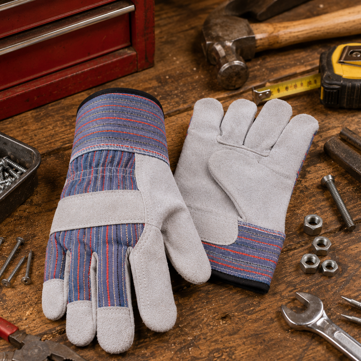 Men’s Premium Split Leather Work Gloves, Reinforced Fingertips & Knuckles, Gauntlet Cuff, Large, Gray – Heavy Duty Safety Gloves, 2 Pack – GL-04502-Z02