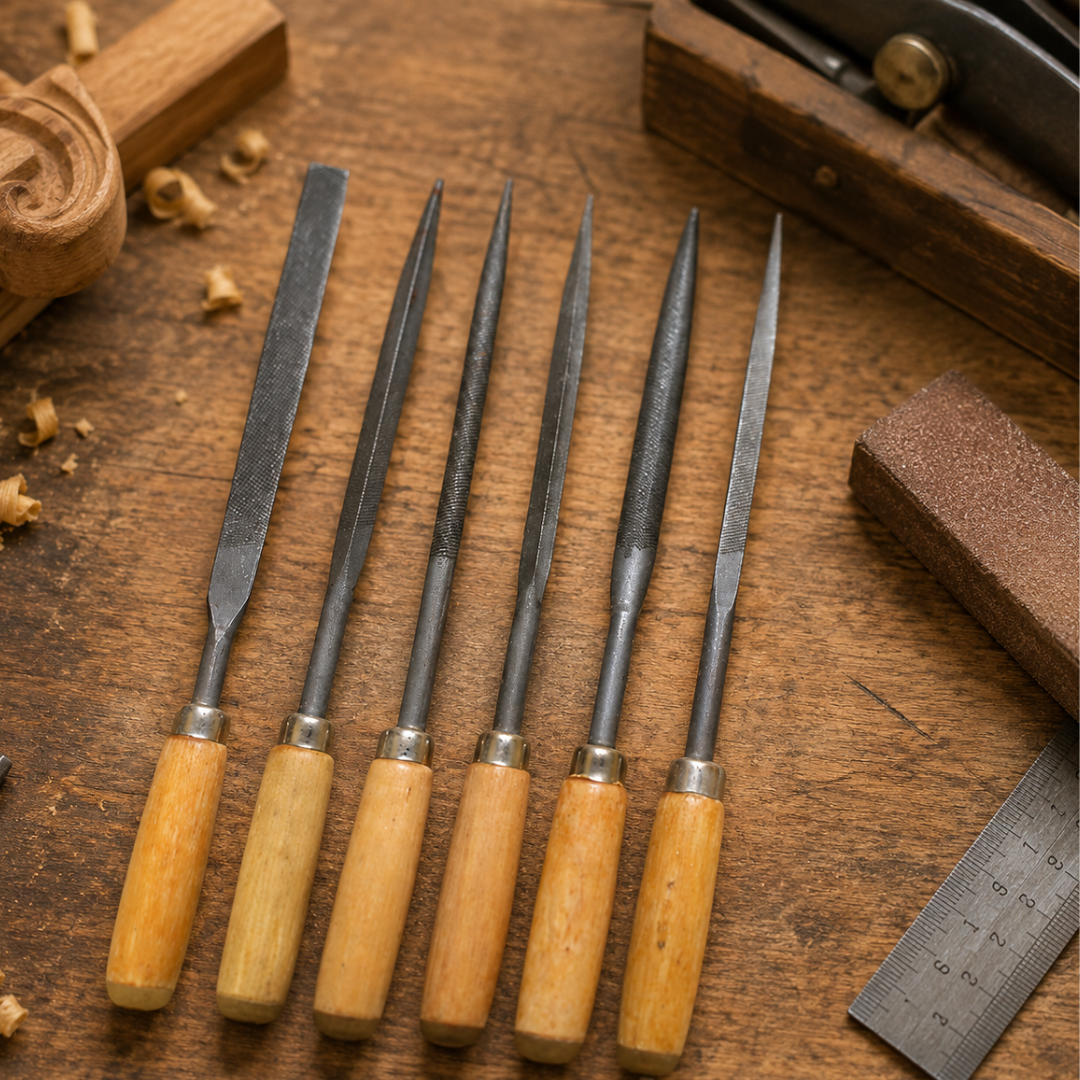 6 Piece Needle File Set, 160mm x 5mm High Carbon Steel Mini Files with Smooth Wooden Handles, Assorted Shapes for Woodworking, Jewelry, Crafts, Hobby, Deburring and Detail Filing