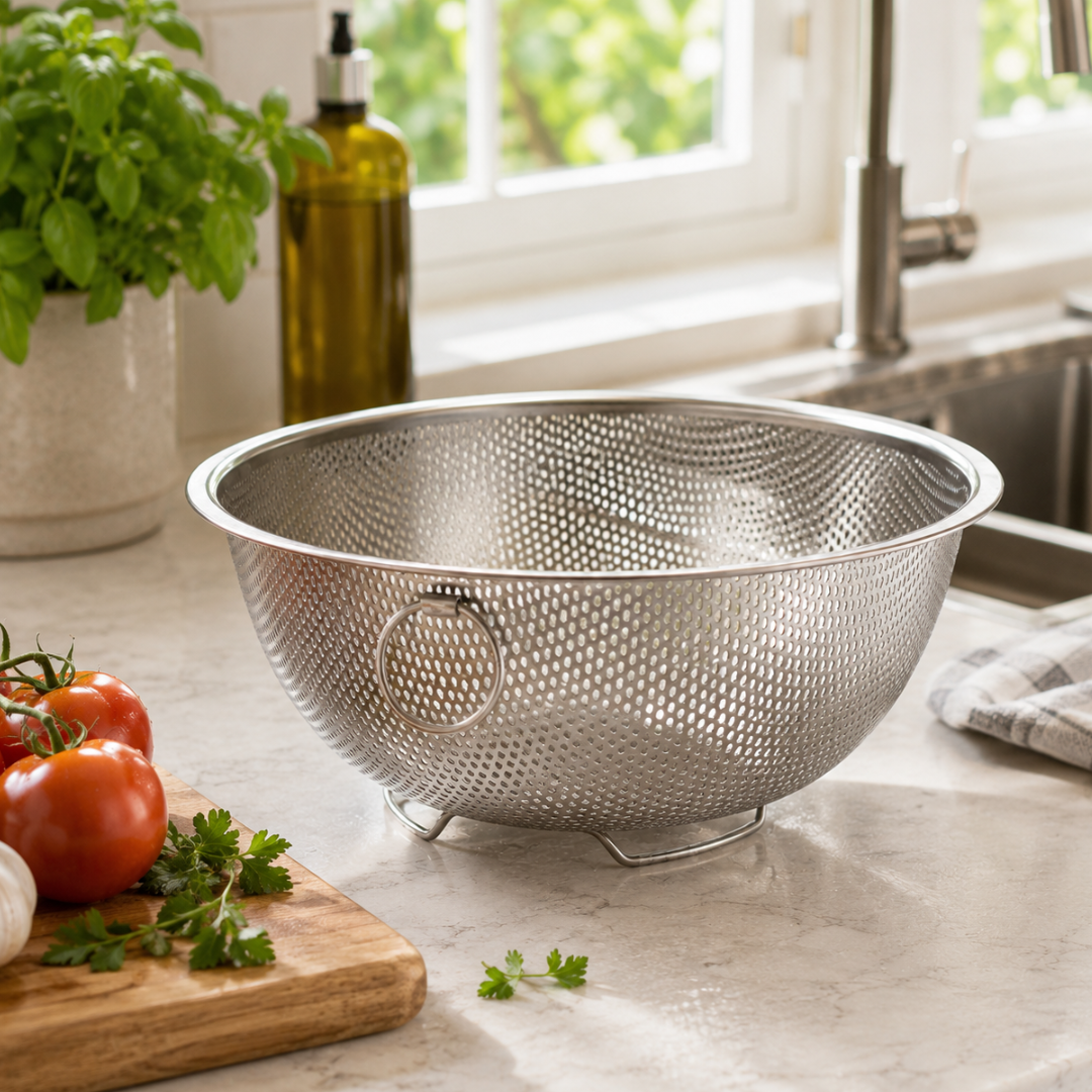 8 Inch Perforated Metal Colander & Strainer, 4 Inch Base with Raised Stand and Ring Handle, Lightweight Kitchen Strainer for Pasta, Fruits, Vegetables & Steaming – U-73318