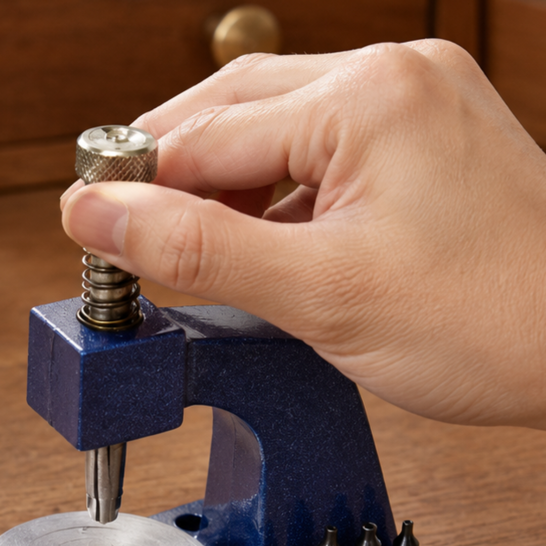 Watch Hand Setting Press Tool with 9 Interchangeable Tips – Self-Centering Spring-Loaded Watchmaker Hand Presser for Hour, Minute & Second Hands – Heavy-Duty Metal Repair Tool