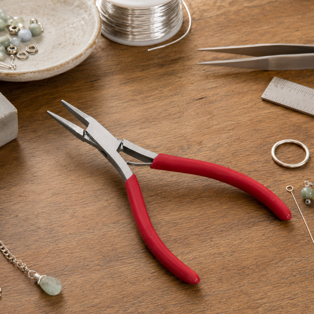 5-Inch Flat Nose Jewelry Pliers with Spring-Action Handles, Stainless Steel Jaws and Red PVC Comfort Grips for Wire Bending, Jewelry Making and Repair