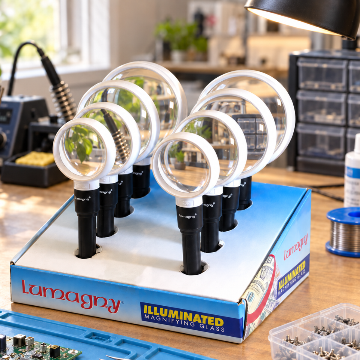 8-Piece Handheld Magnifier Display Set – 4 Lens Sizes: 2", 2.5", 3" & 3.5" – Glass Lenses with 2X/4X and 2.5X/5X Magnification – Countertop Retail Display – MP-28275
