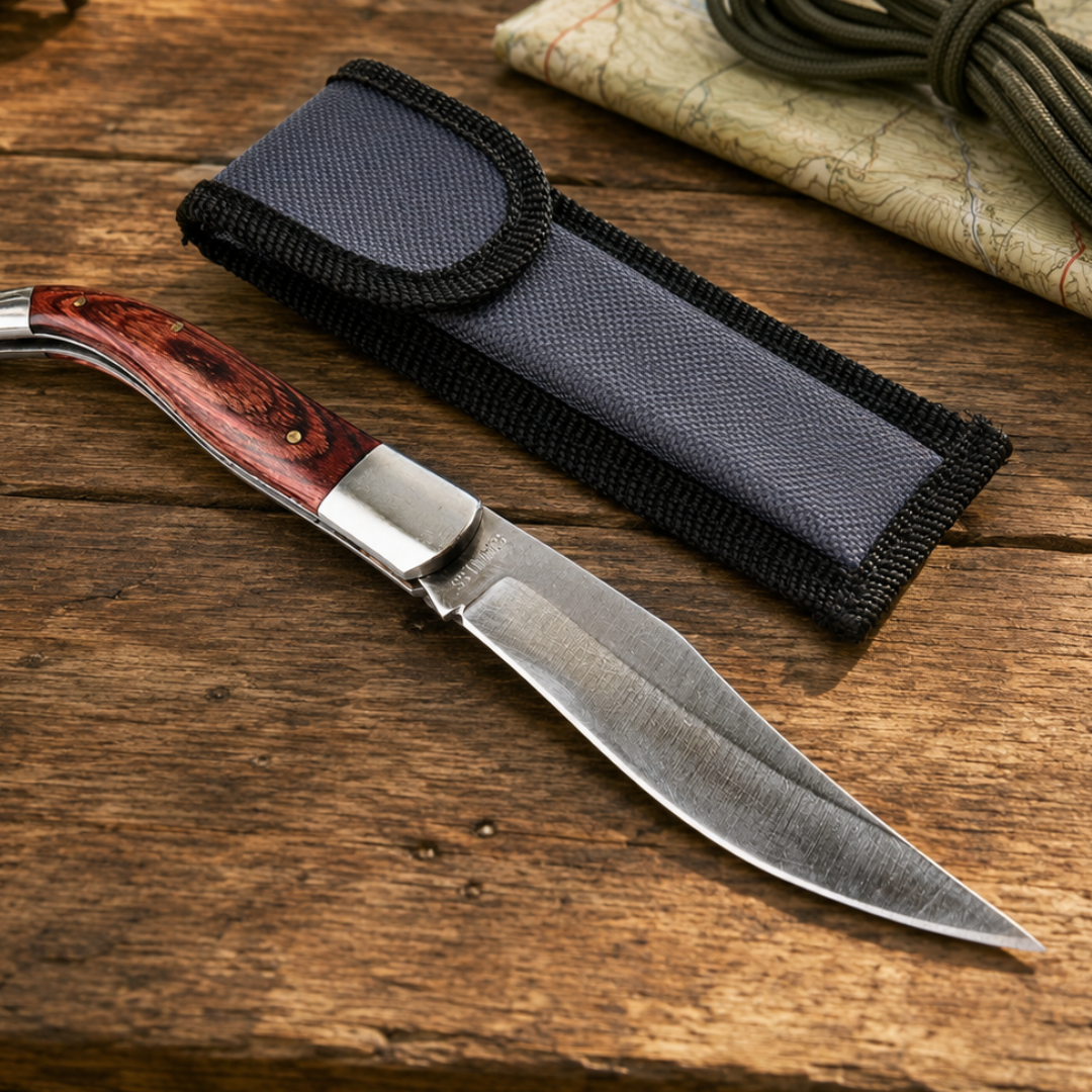 8 Inch Rosewood Curved Folding Pocket Knife with 3.5 Inch Blade and Nylon Belt Pouch for Camping, Fishing and Outdoor Us