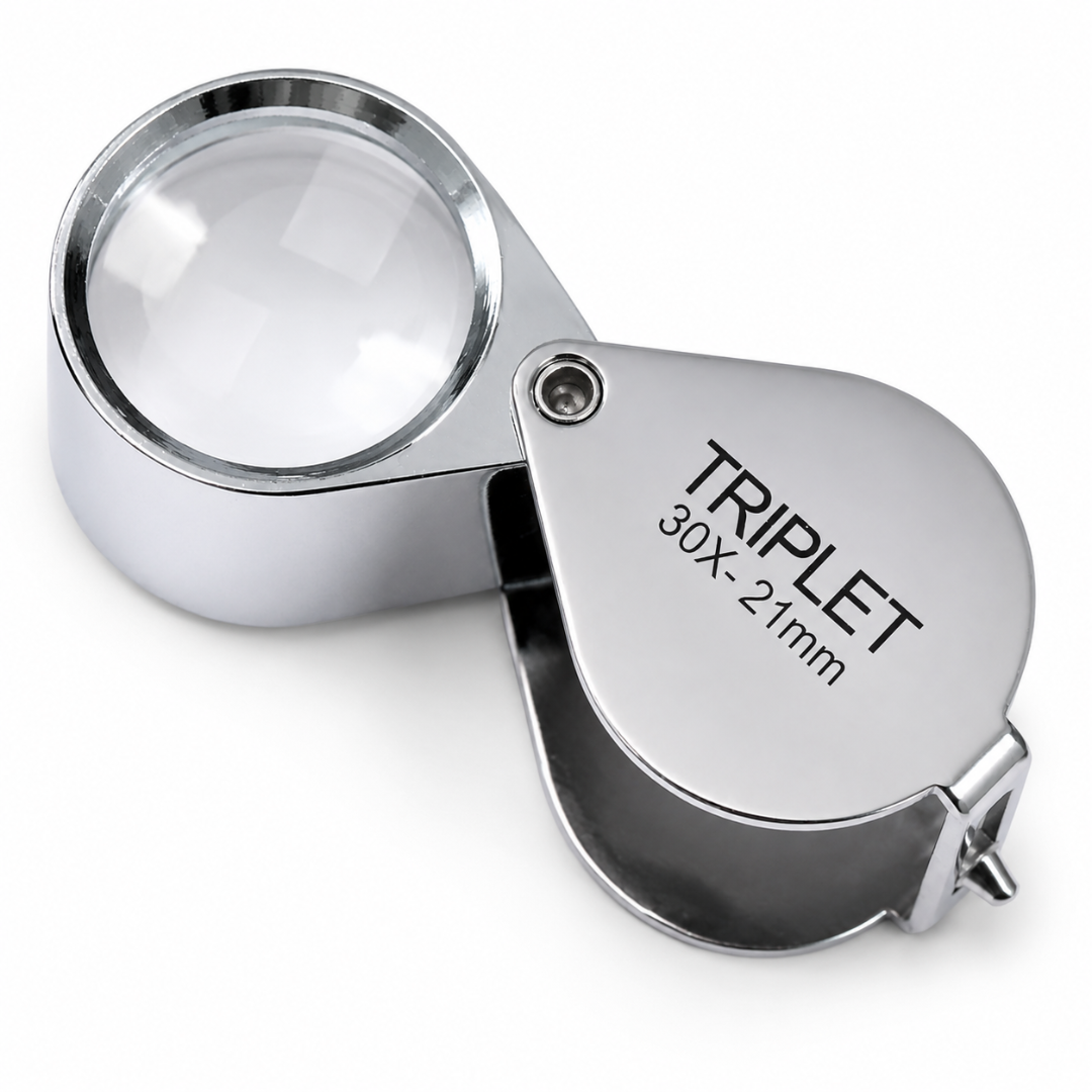 30X Chrome Triplet Jeweler’s Loupe Magnifier, 21mm Glass Lens Pocket Magnifier with Leather Pouch, Metal Folding Inspection Tool for Jewelry, Coins, Stamps, Watches & Appraisals