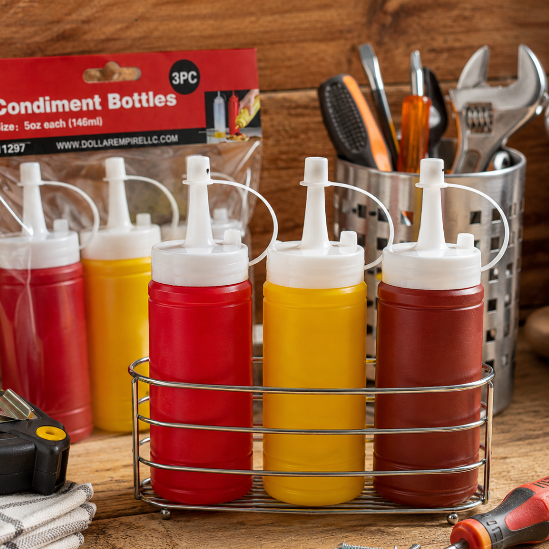 Condiment Squeeze Bottles, 5 oz Plastic Sauce Dispensers with Attached Nozzle Caps, Reusable Bottles for Ketchup, Mustard, Dressings and BBQ Sauce, Red Yellow Brown, 3-Pack