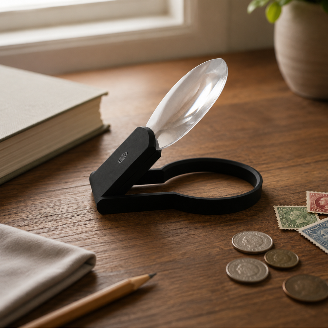 3X Tilt-Up Tabletop Magnifier with 2 LED Lights – 2.5-Inch Hands-Free Reading Lens for Coins, Stamps, Maps, Crafts and Small Print – MG-14746