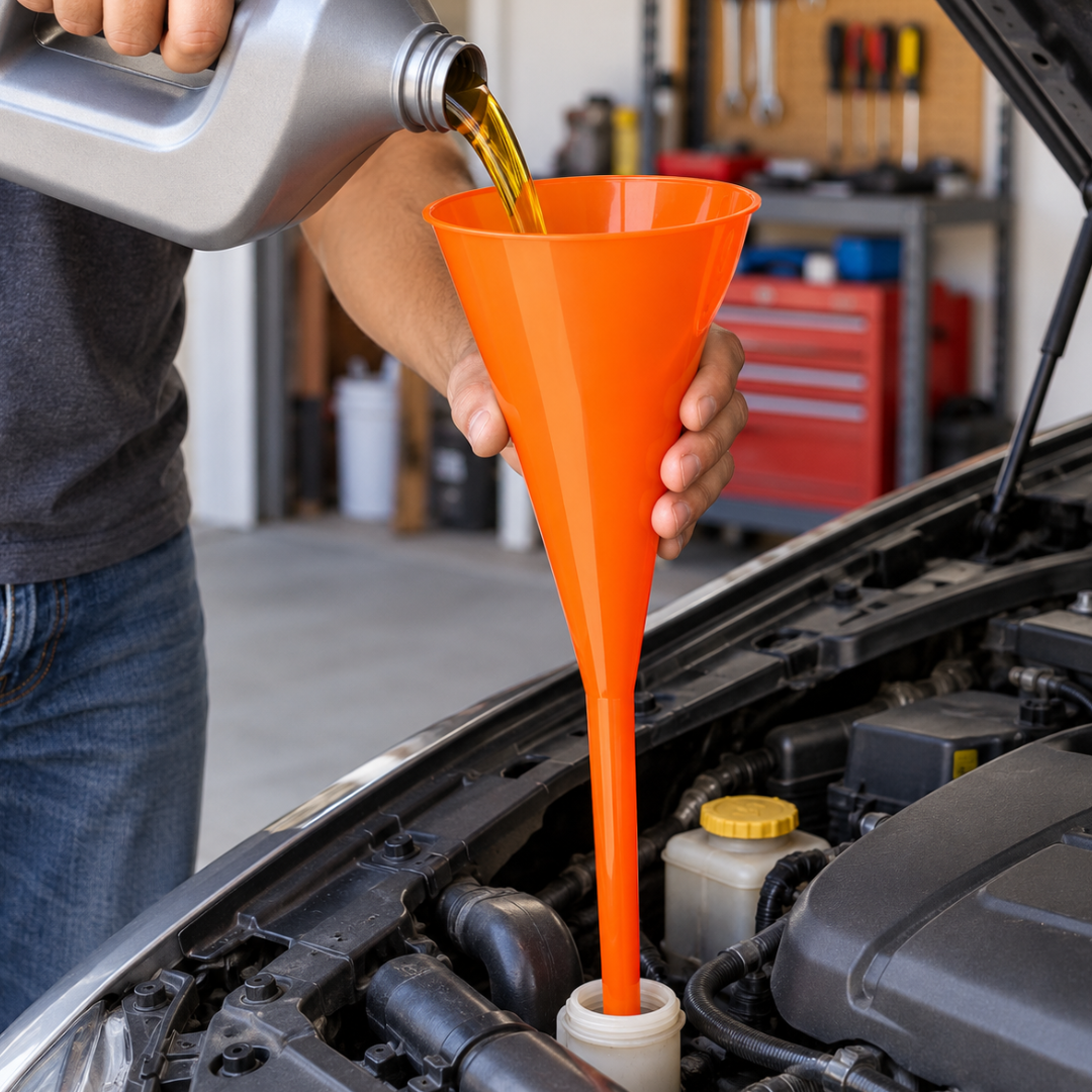 2 Pc. 18" Extra-Long Plastic Funnel with 5" Wide Mouth – Flute-Style Narrow Base for Oil, Gas, and Transmission Fluids
