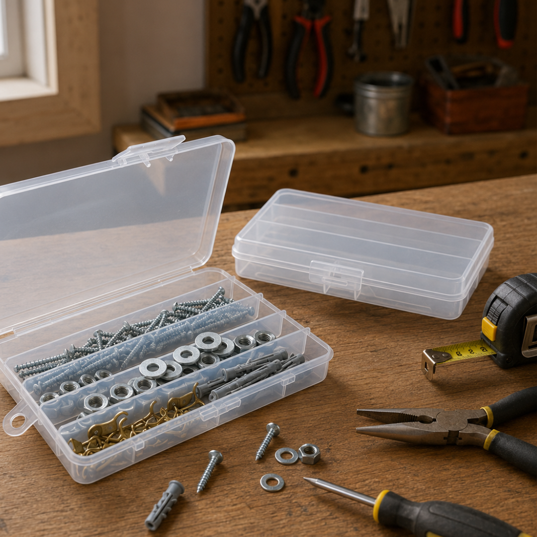 5-Compartment Plastic Organizer Box, Pack of 2, 6.75 x 3.5 Inch Frosted Clear Small Parts Case with Hinged Lid and Hanging Hook for Beads, Crafts, Sewing and Hardware