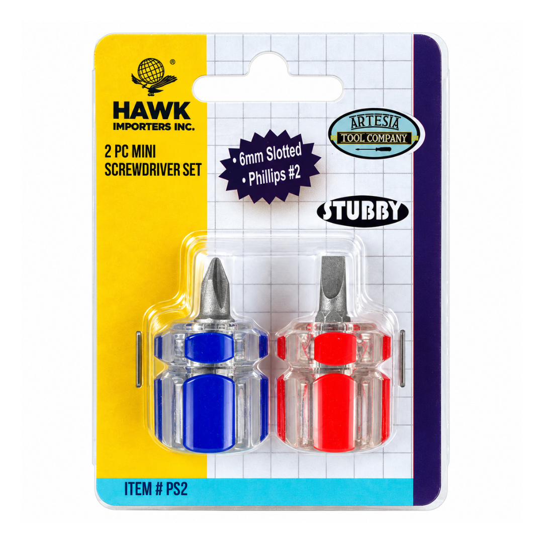 2 Piece Mini Stubby Screwdriver Set, 1.5 Inch Short Screwdrivers with Phillips #2 and 6mm Flathead Slotted Tips, Compact Color-Coded Hand Tools for Tight Spaces, Household Repairs & DIY