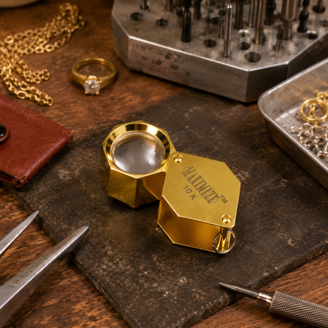 10X Gold Mini Jeweler’s Loupe Magnifier, Hexagonal Folding Frame, 18mm Glass Lens, Pocket Inspection Magnifying Tool with Spring Loop and Leatherette Pouch