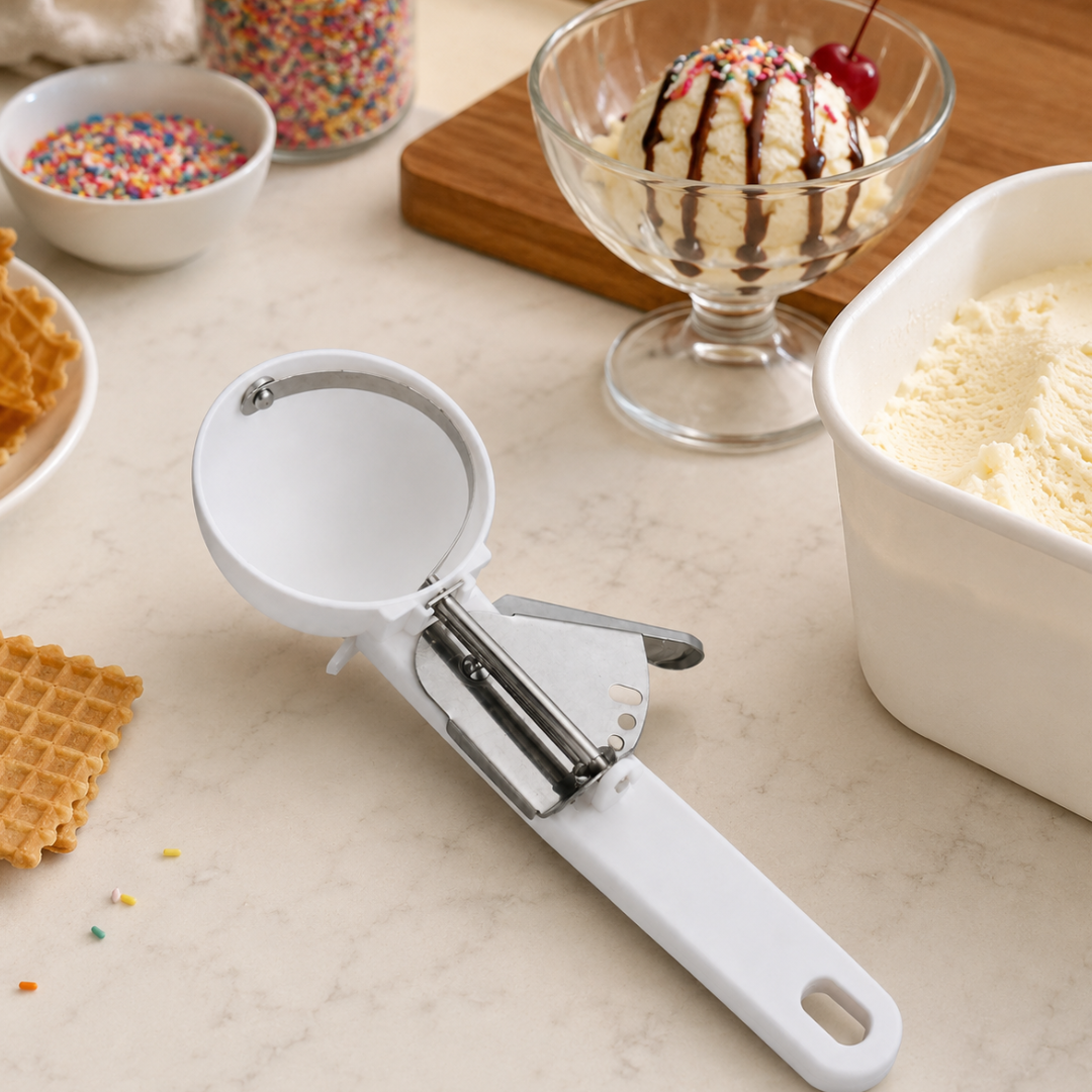 Plastic Ice Cream Scooper with Metal Thumb Lever, Traditional Release Scoop with White Plastic Handle, Easy-Release Ice Cream, Yogurt & Cookie Dough Scoop – U-02755