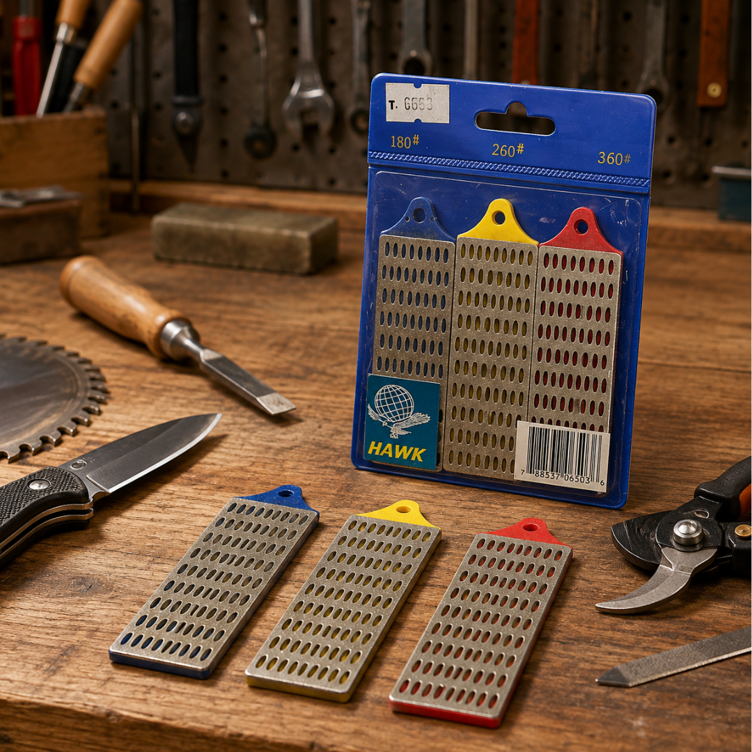 3-Piece Diamond Whetstone Sharpening Set – 180, 260 & 360 Grit Diamond Sharpening Stones for Knives, Tools, Saws & Garden Tools – Hanging Handle Design