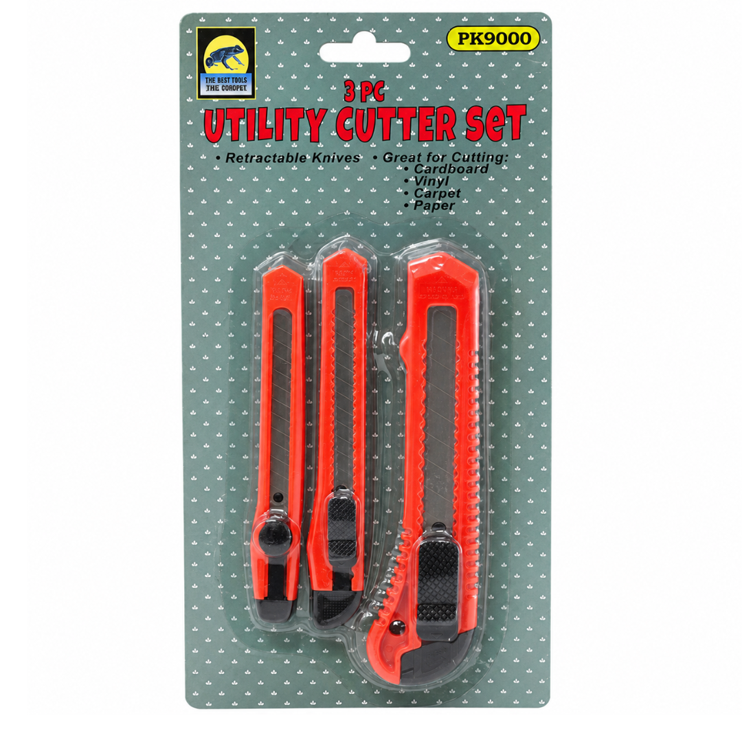 3 Piece Utility Knife Set, Snap-Off Steel Blade Box Cutters in 3 Sizes, Retractable Plastic Handle Cutters for Cardboard, Vinyl, Carpet & Paper – CR-49000