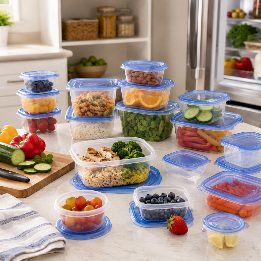 34 Piece Food Storage Container Set with Lids – Clear Stackable Plastic Containers – Assorted Sizes for Refrigerator, Freezer, Microwave & Dishwasher