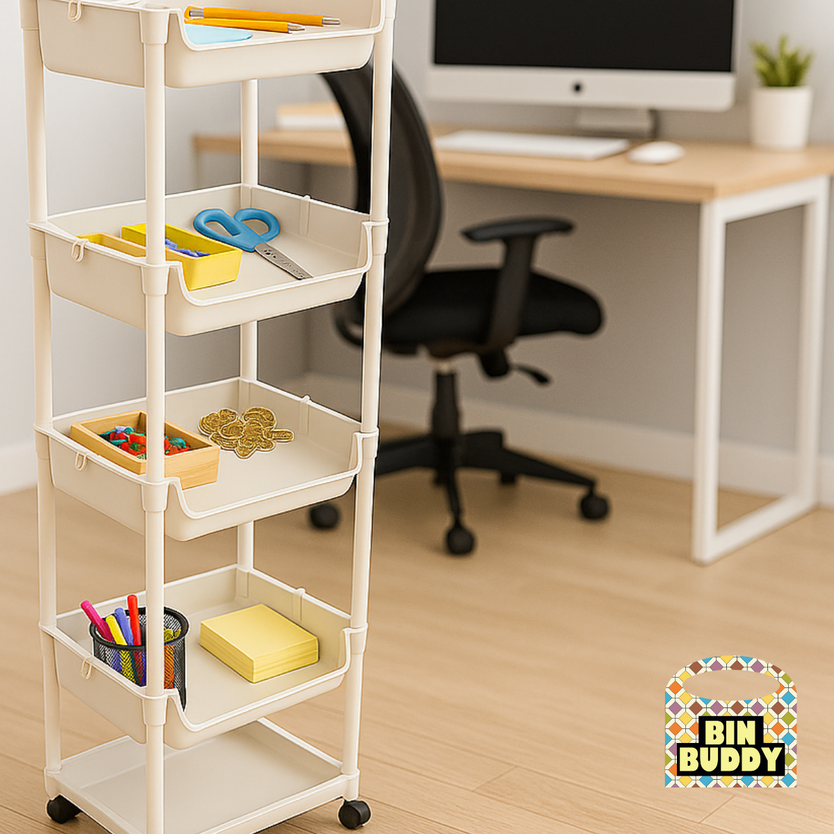 Bin Buddy 5-Tier Rolling Storage Organizer – Lightweight Plastic Utility Cart with Hooks, Mobile Wheels, and Kid Friendly Bins for Small Item Storage
