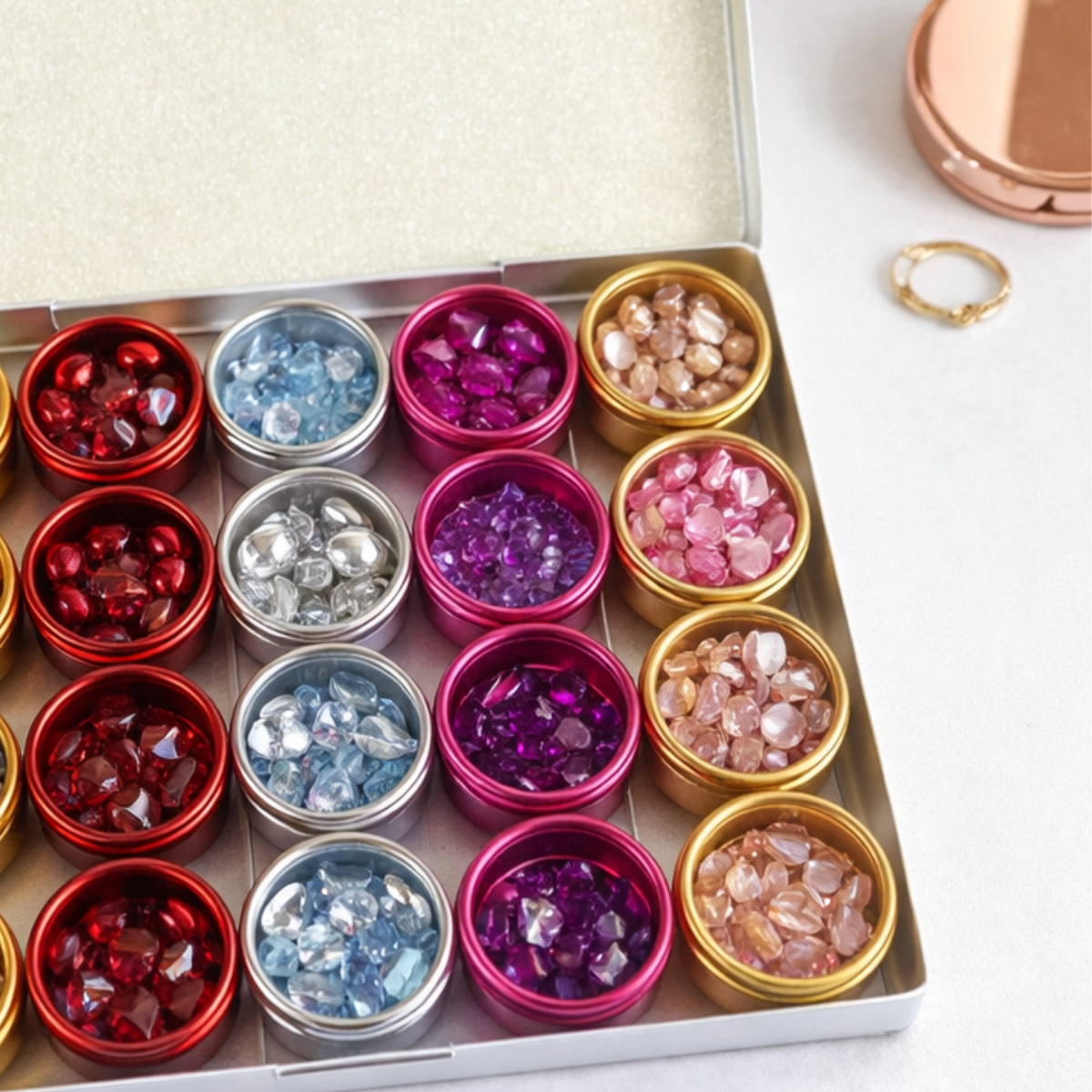 Multi-Color Aluminum Containers with Clear Lids – 20 Piece Set – 1" Round Mini Storage Jars with Aluminum Storage Box – TJ05-51600