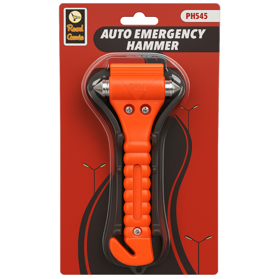 Emergency Escape Hammer with Seatbelt Cutter (Orange) – Auto Safety Tool for Car, SUV, Truck – Window Breaker with Sharp Steel Tips & Protective Holder – PH-00545