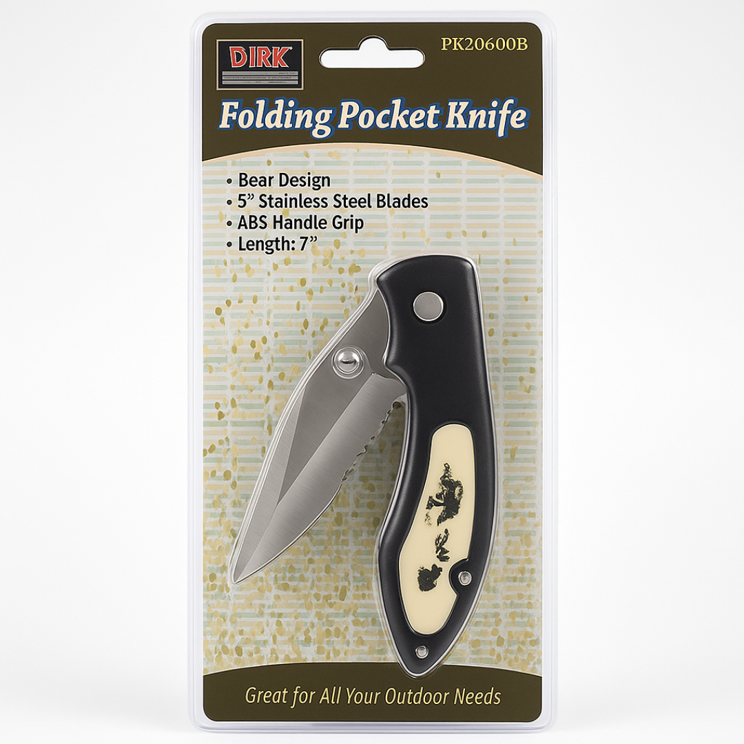 DIRK Hunting Pocket Knife – 3" Stainless Steel Blade (Half Smooth / Half Serrated) with Bear Design Handle – 7.25" Open Length, 3.3 oz – Metal Belt Clip – PK-20699