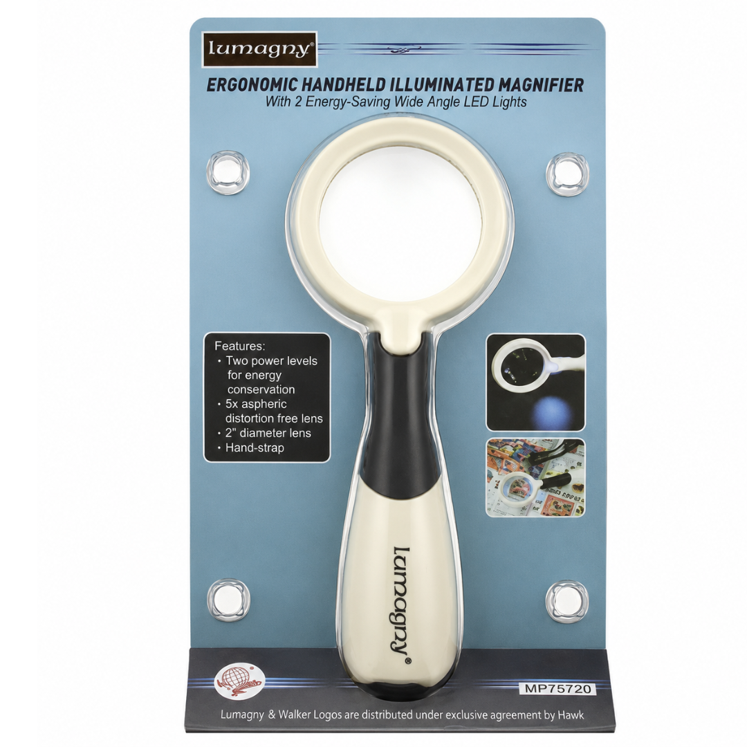 3x/5x LED Handheld Magnifier, 2 Inch Aspheric Distortion-Free Lens with Dual LED Lighting, Comfort Grip Handle & Wrist Strap, Portable Reading Magnifying Glass for Books, Maps, Crafts – MG-75720