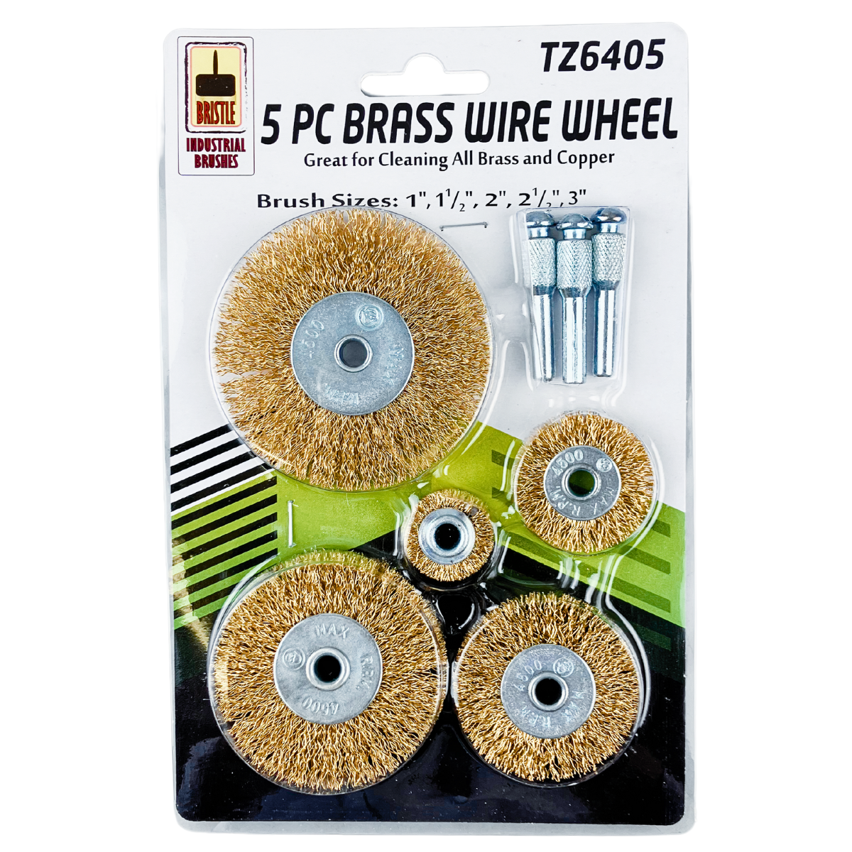 5-Pc Brass Wire Wheel Set | 1" to 3" (2.54 cm to 7.62 cm) Diameter | Includes 3 Shanks | for Standard Drills