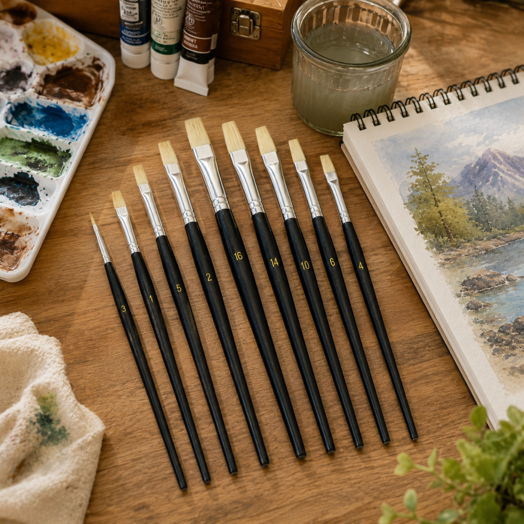 9-Piece Flat Artist Paint Brush Set, Sizes 0–16, Acrylic Bristles with Black Wooden Handles for Watercolor, Acrylic, Oil, Canvas, Wood and Crafts, 2-Pack, 18 Brushes Total