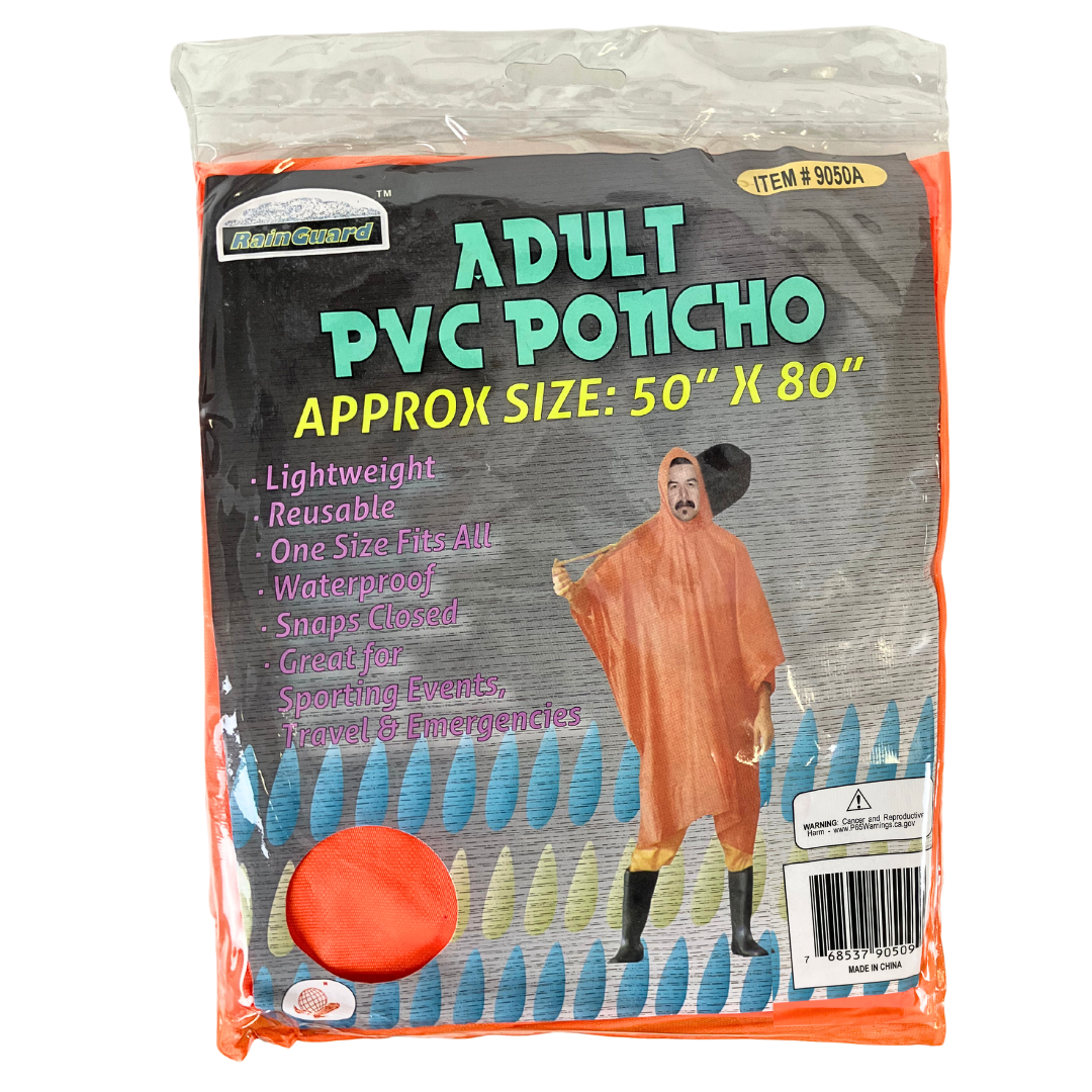 10 Mil Orange Vinyl Rain Poncho with Hood - Adult Size - RAIN-90509