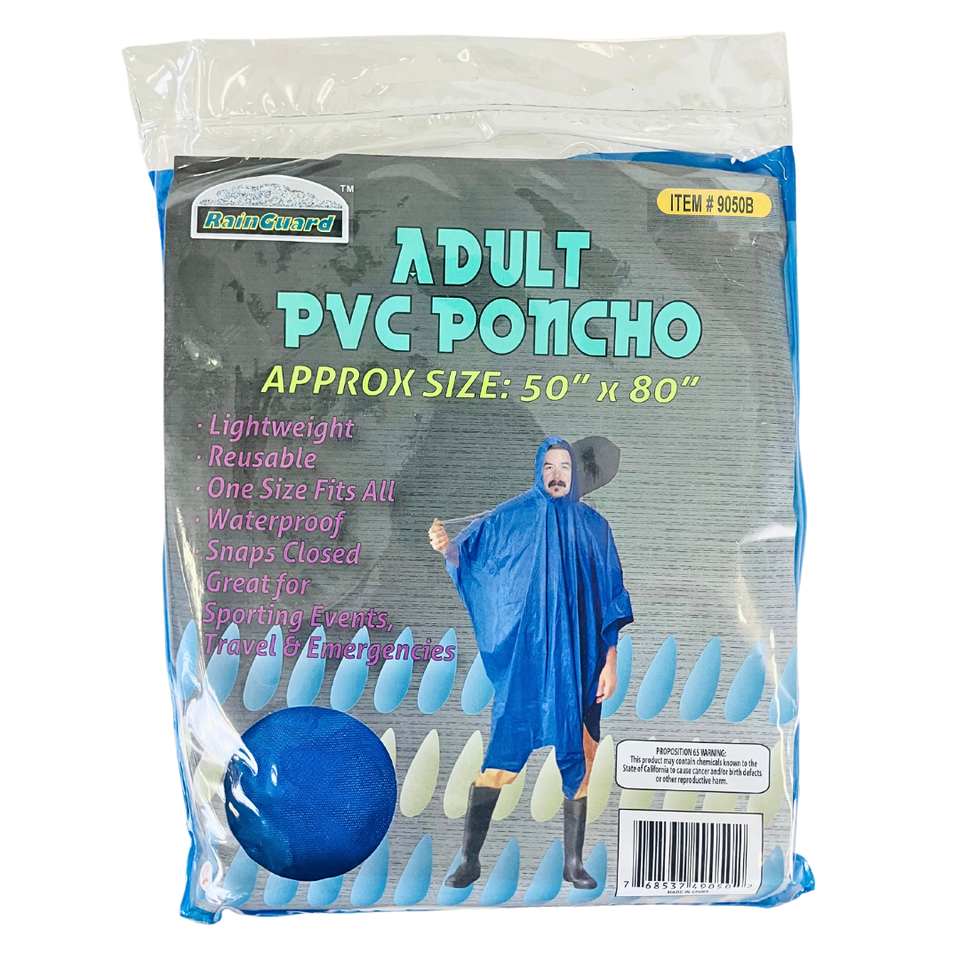 10 Mil Blue Vinyl Rain Poncho with Hood - Adult Size - RAIN-49050
