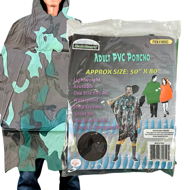 10 Mil Camouflage Vinyl Rain Poncho with Hood - Adult Size  - RAIN-39050