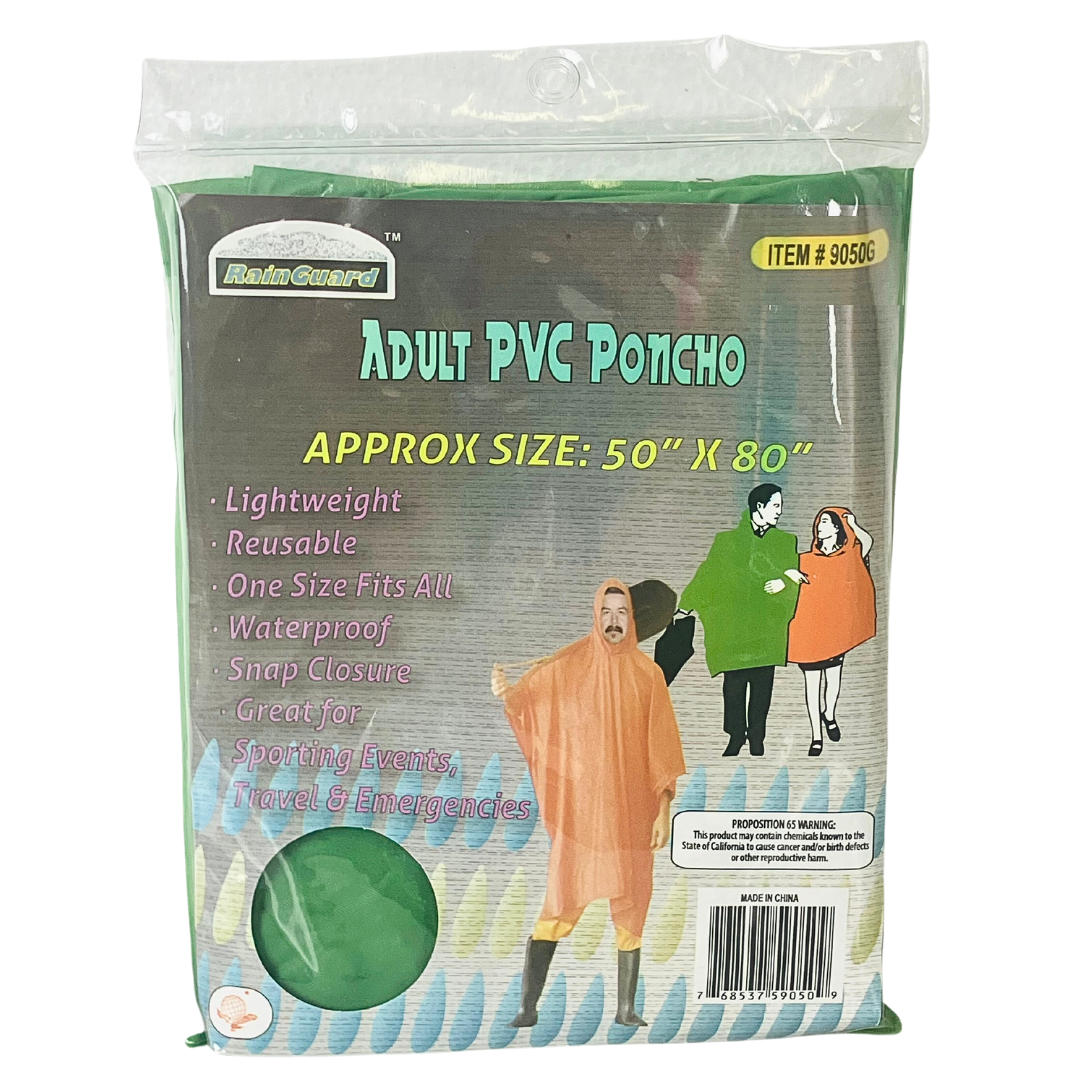 10 Mil Green Vinyl Rain Poncho with Hood - Adult Size - RAIN-59050