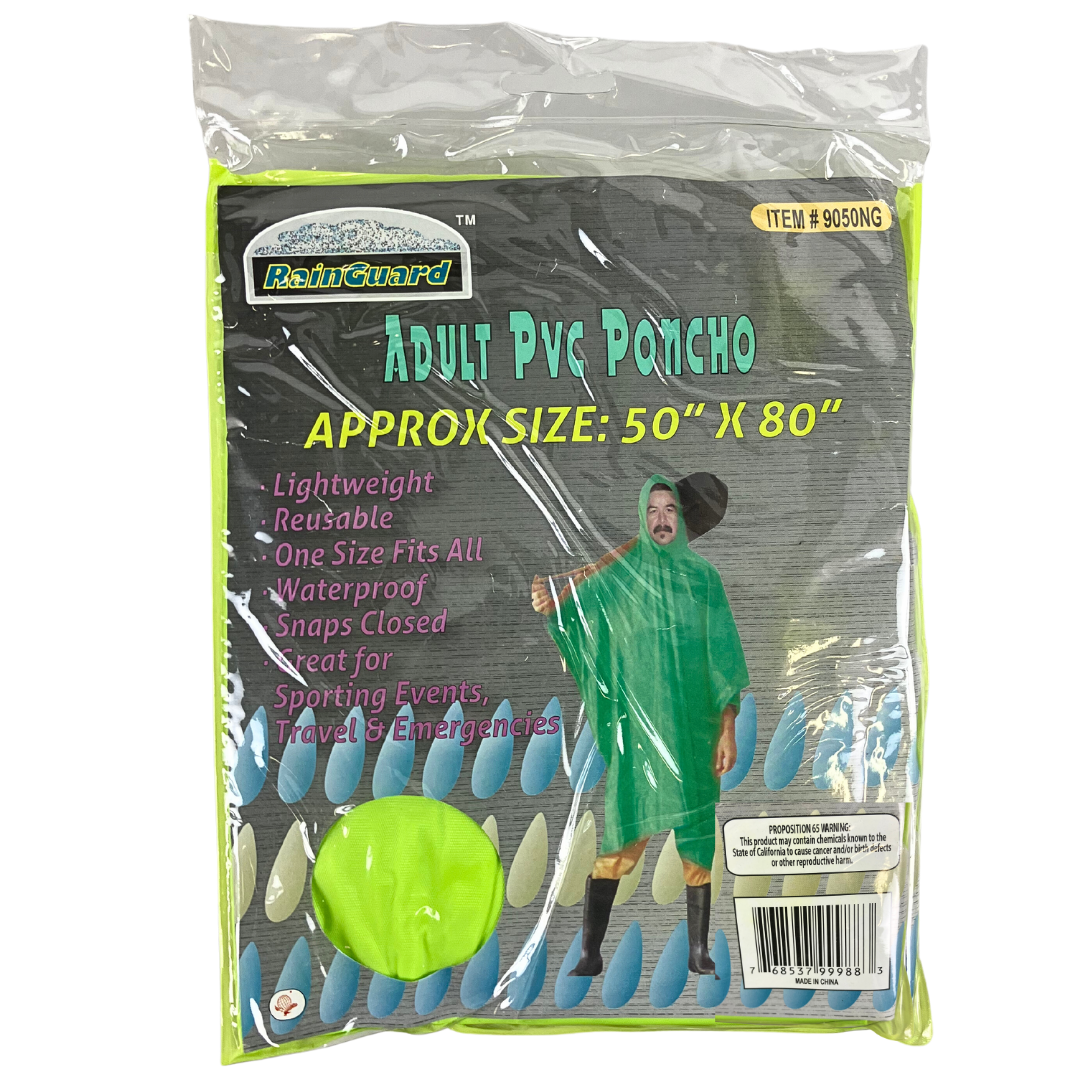 10 Mil Neon Green Vinyl Rain Poncho with Hood - Adult Size - RAIN-99988